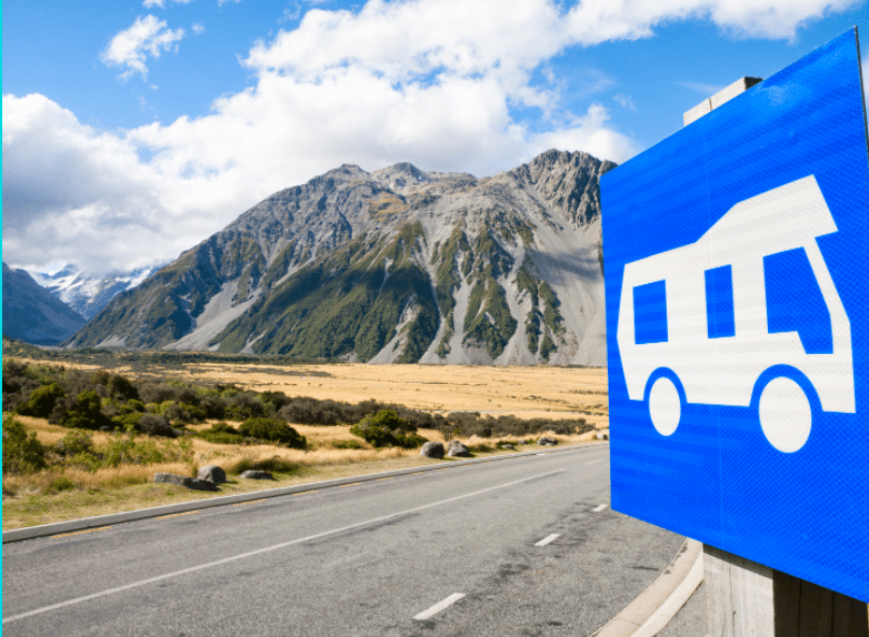 motorhome camping sign on a new zealand road