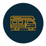 Icon depicting a motorhome with a solar solution in a New Zealand setting