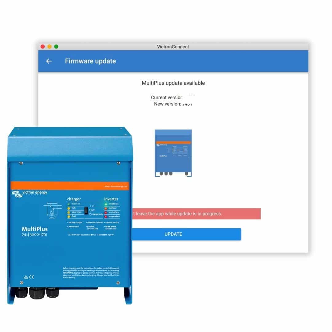 Victron MultiPlus Inverter Charger alongside VictronConnect firmware update interface on digital screen.